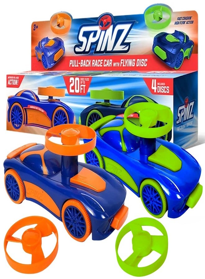 Spinz 2 Pack Race Cars with Flying Disc Launchers, Pull Back Bumper Toy Racer, Kids, Boys, Girls Gift, Blue/Orange & Blue/Green Ages 3+ - Image 1
